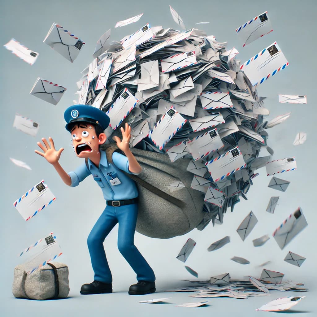 Illustration of a stressed mail carrier overwhelmed with thousands of letters, representing how DDoS attacks flood servers with traffic