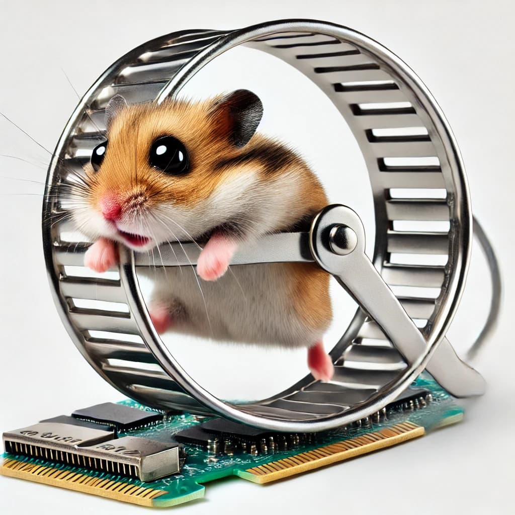 Illustration of an exhausted hamster running frantically on a wheel, humorously symbolizing a PCI Express bus struggling under high packet loads