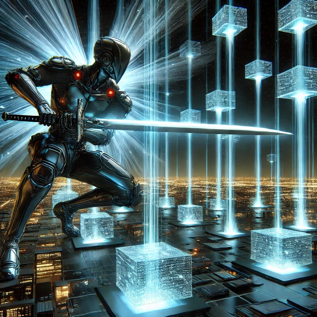 Illustration of a futuristic warrior wielding a glowing digital sword, slicing through incoming packets of data to represent DDoS mitigation