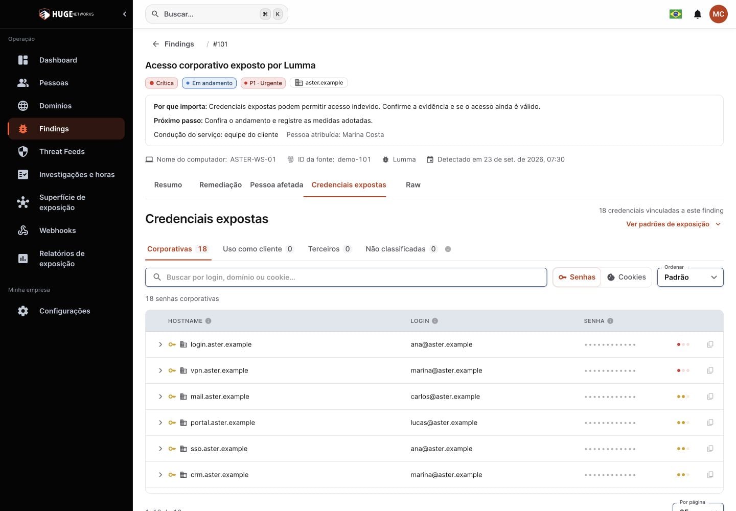 Actual Argus investigation interface showing corporate credentials, applications, logins and protected passwords.