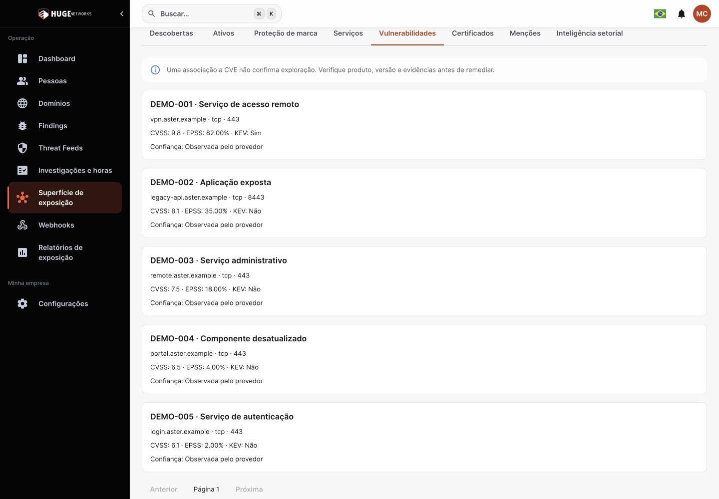 Argus interface showing vulnerabilities, affected services and CVSS, EPSS and KEV indicators in a fictional scenario.