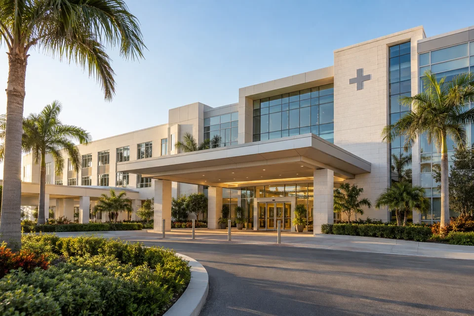 Fachada de um hospital moderno com entrada iluminada