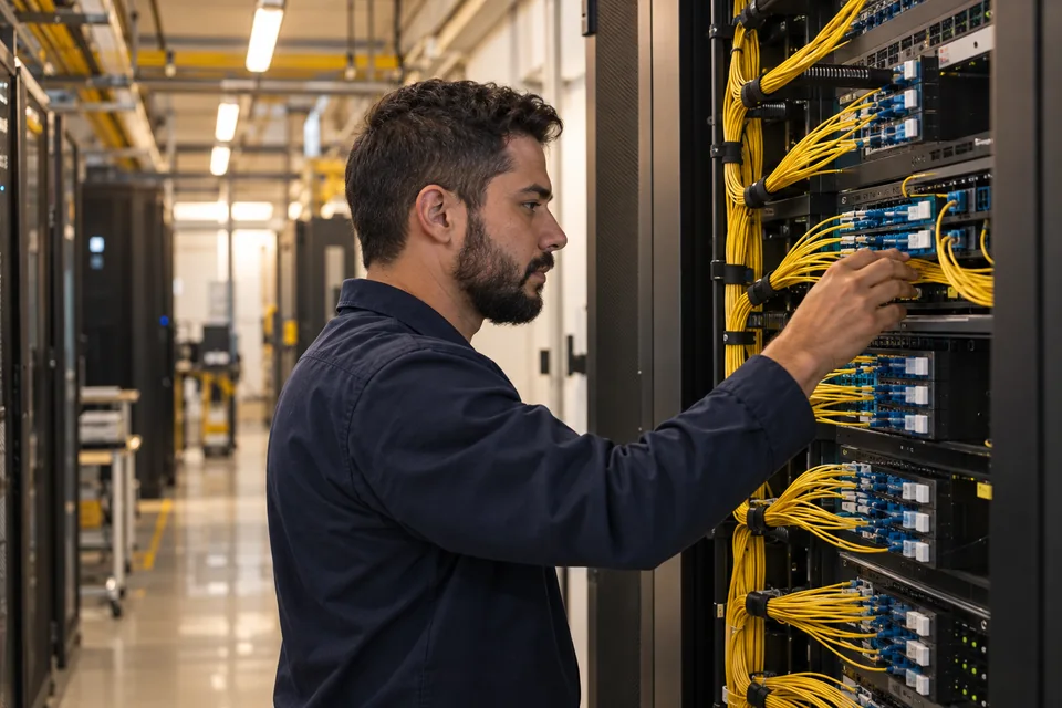 Profissional de telecomunicações inspecionando conexões de fibra óptica
